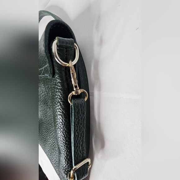 Italian Made Genuine Pebbled Leather Crossbody Purse Dark Green Buckle Flap - Picture 12 of 14